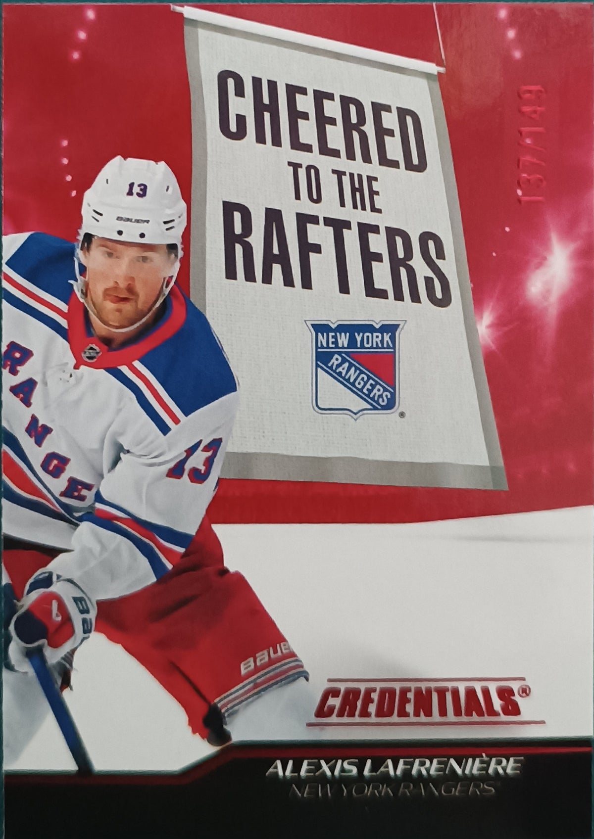 Paralelní karta Alexis Lafreniere 24-25 Credentials Cheered to the Rafters Red /149 Upper Deck