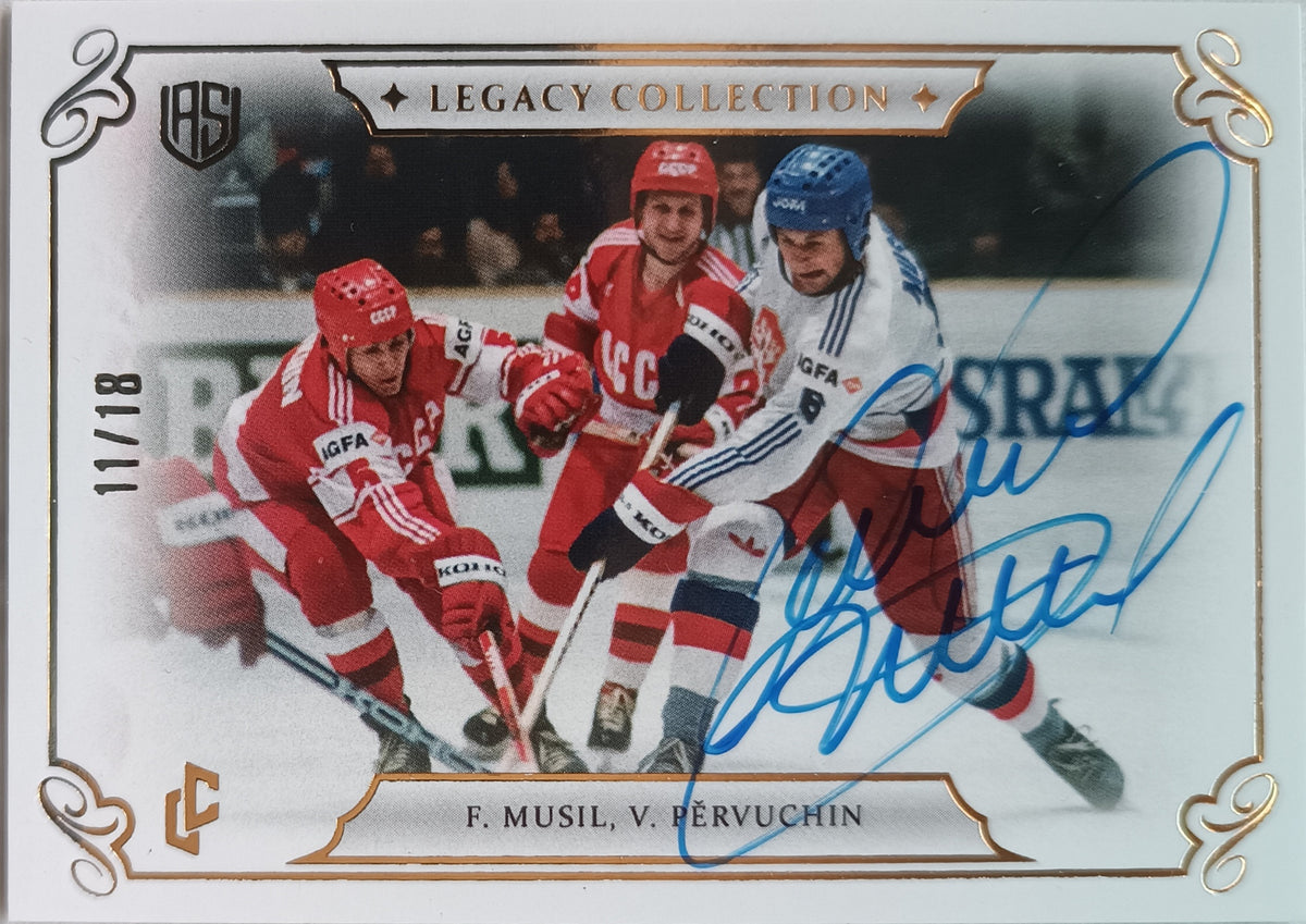 Limitovaná Podepsaná Paralelní karta František Musil, Vasilij Pěrvuchin 2025 Legacy Collection 1985 White/20 Legendary Cards