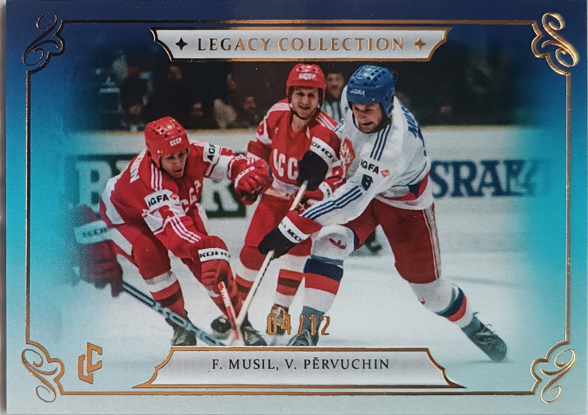 Limitovaná Paralelní karta František Musil, Vasilij Pěrvuchin 2025 Legacy Collection 1985 Blue/12 Legendary Cards