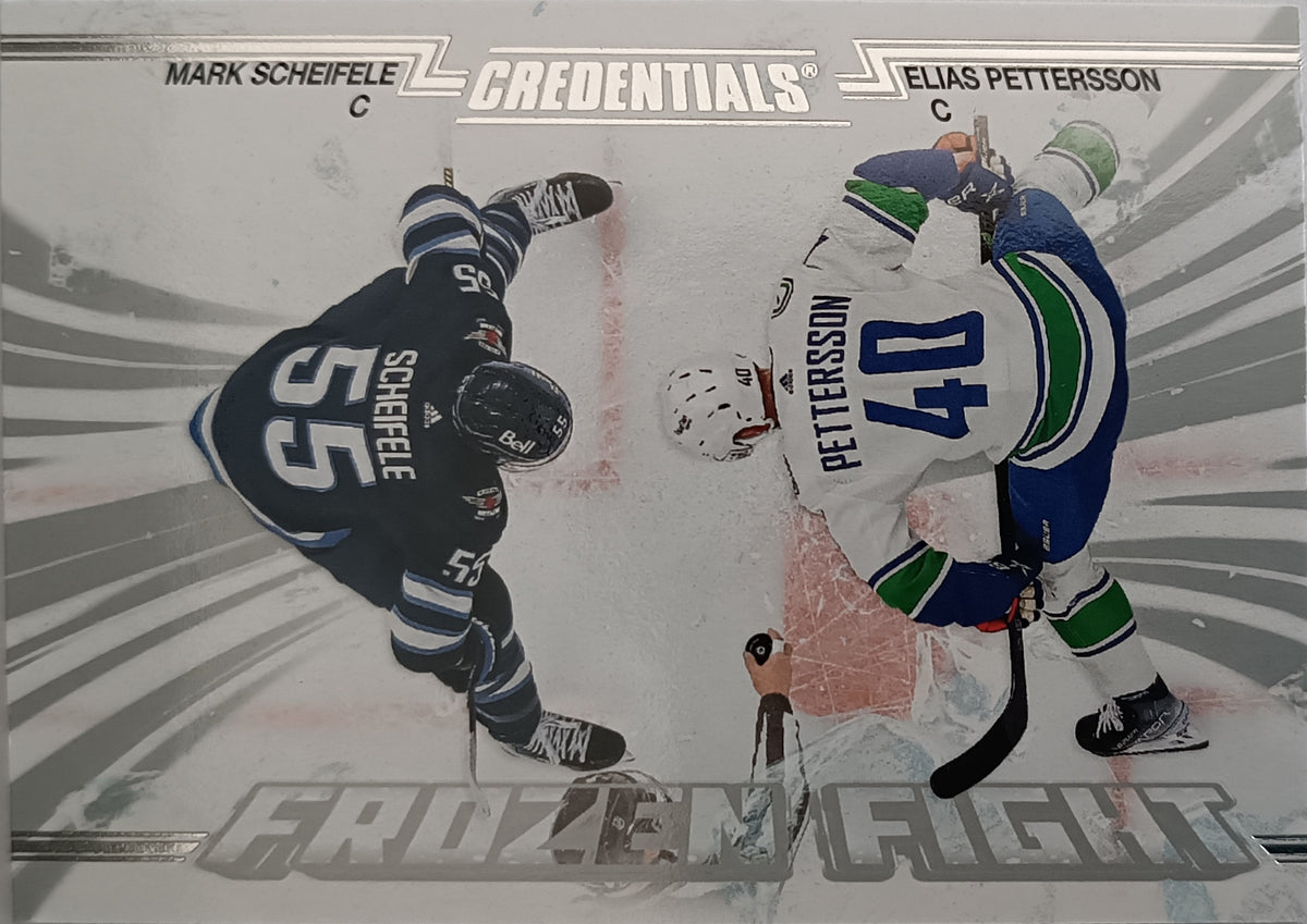 Insertní karta Mark Scheifele, Elias Pettersson 24-25 Credentials Frozen Fight Upper Deck