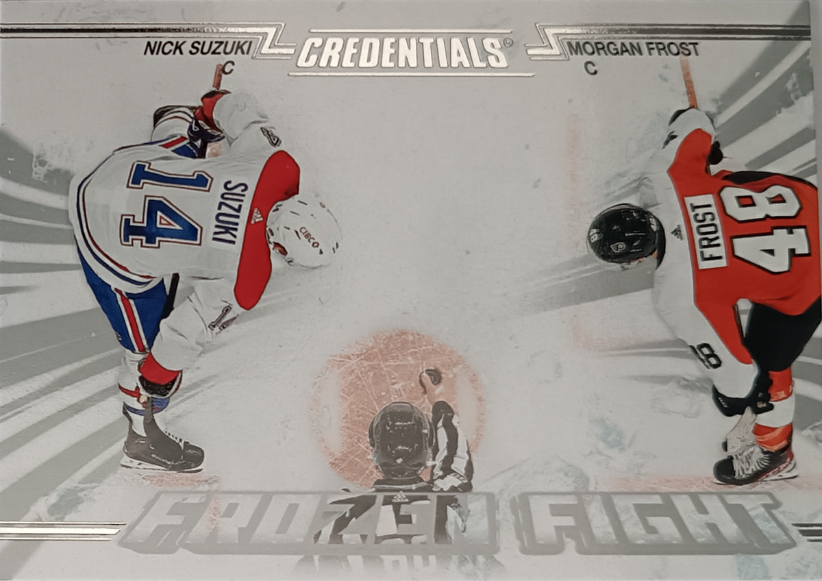 Insertní karta Nick Suzuki, Morgan Frost 24-25 Credentials Frozen Fight Upper Deck
