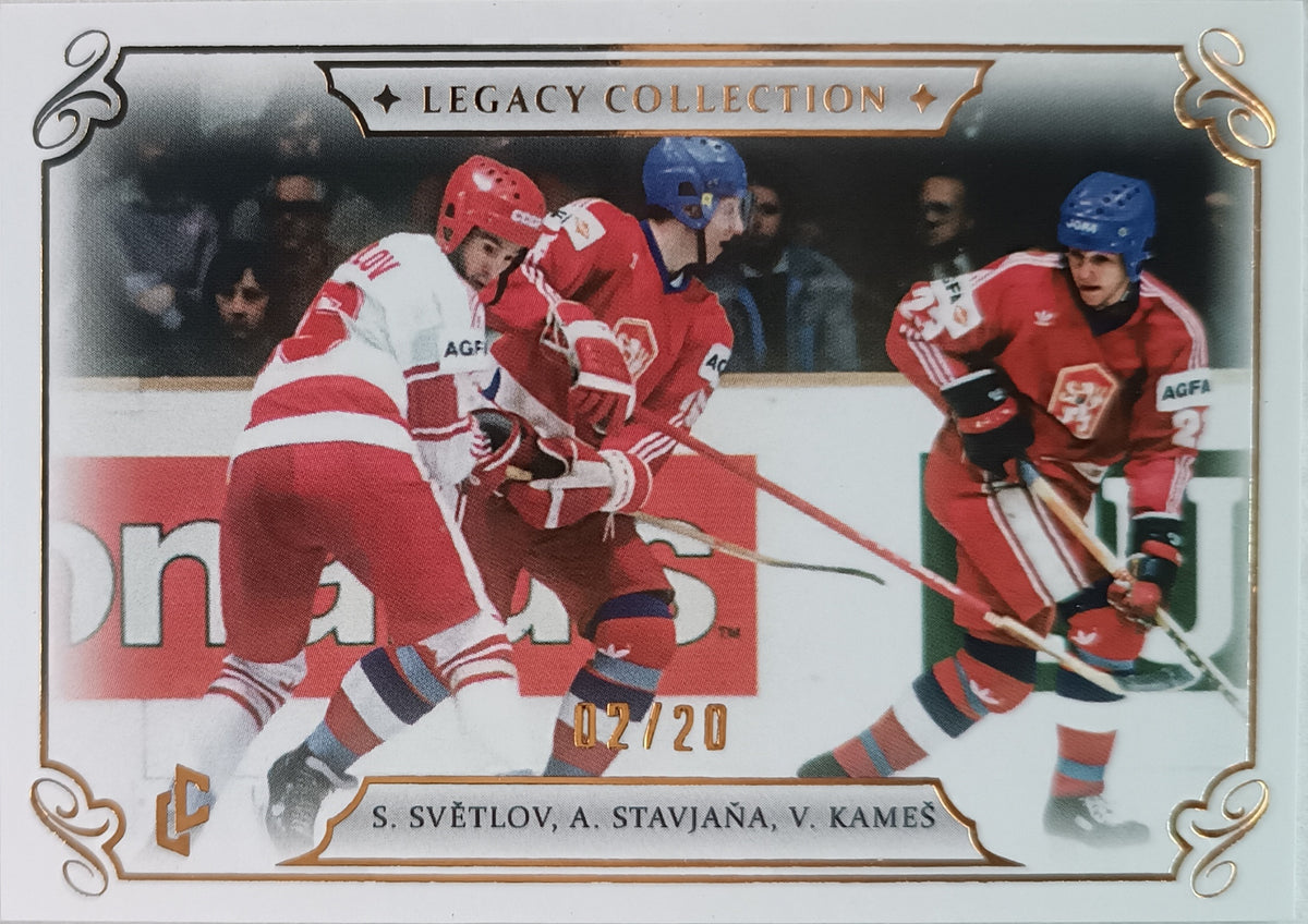 Limitovaná Paralelní karta Sergej Světlov, Antonín Stavjaňa, Vladimír Kameš 2025 Legacy Collection 1985 White/20 Legendary Cards
