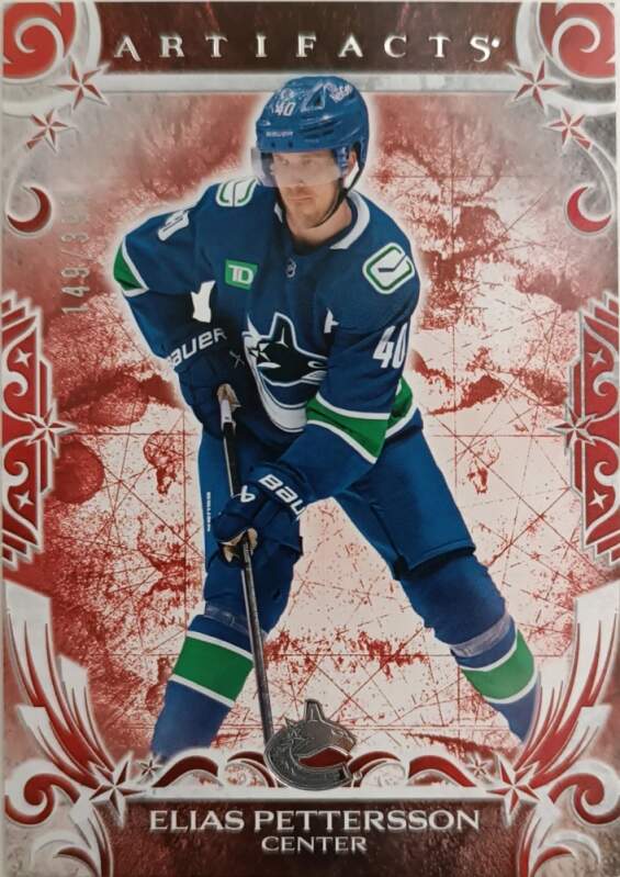 Limitovaná Paralelní karta Elias Pettersson 24-25 Artifacts Ruby /399 Upper Deck