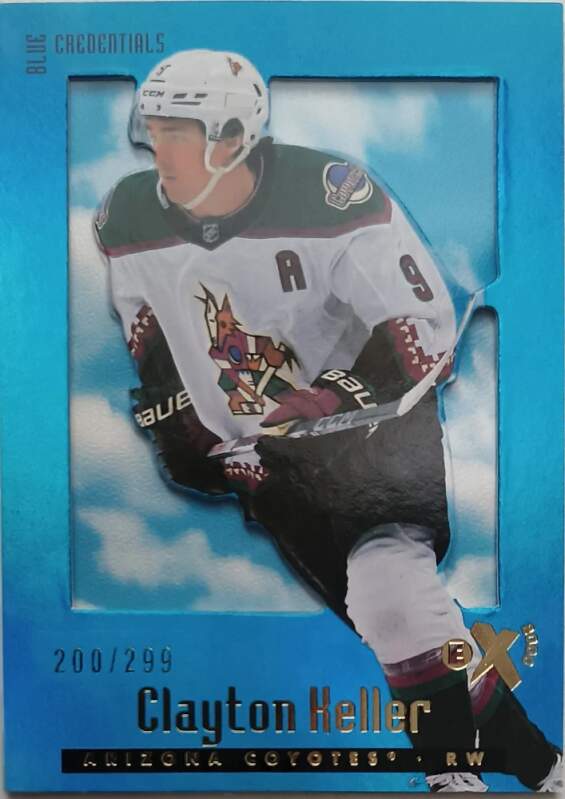 Limitovaná karta Clayton Keller 23-24 Skybox E-X 2000 Blue Credentials /299 Upper Deck